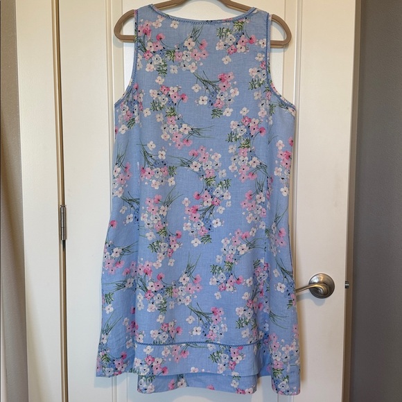 J. Jill 100% Linen Dress in Blue with Pink Floral Pattern with Pockets - Picture 3 of 9
